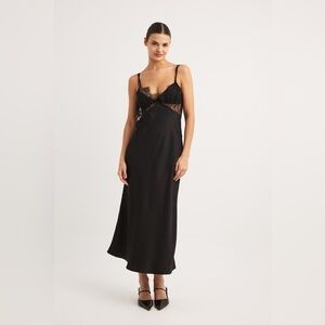 Na-Kd NWOT Black Satin Lace Detail Midi Slip Dress
